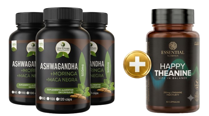 3 potes de Ashwagandha + 1 pote de L-Teanina de brinde